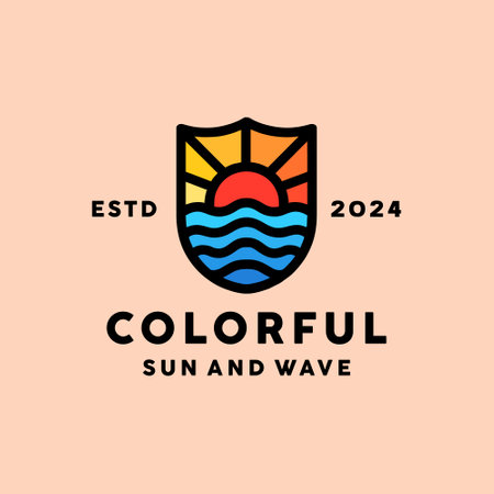 Shield Ocean Wave Logo Colorful Vector, Sunrise Icon Symbol, Bright Sun Creative Vintage graphic Designのイラスト素材