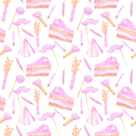 Pattern with birthday party attributes cake slice, holiday cap, firecracker, pipe, false mustache, false lips pink color for girlの写真素材