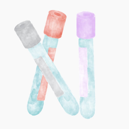 Set of test tubes for taking biomaterial, blood, blue, gray, purple, red illustration digital watercolorの写真素材