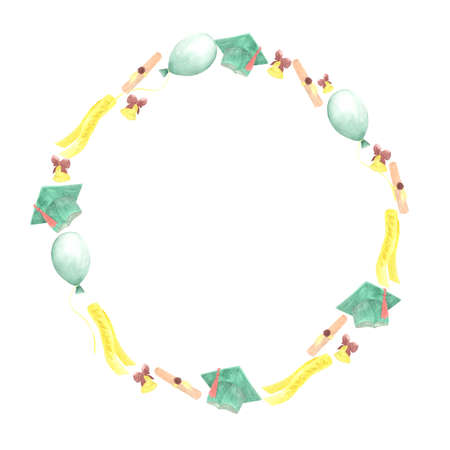 Round frame of watercolor illustrations on the theme of graduation, study, school, collegeの写真素材