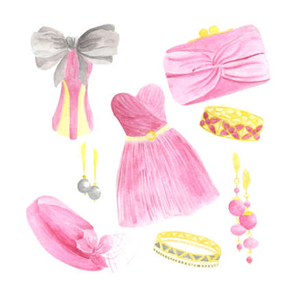 Set of pink evening dress items watercolor drawingsの写真素材