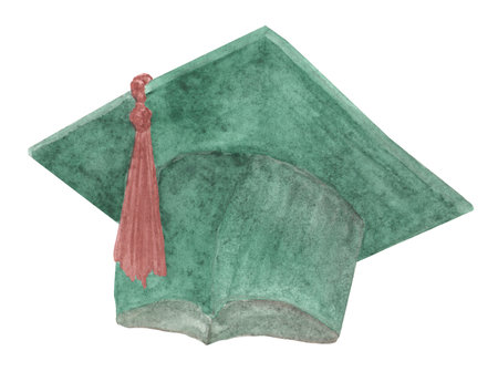 Green graduate cap, watercolor illustrationの写真素材