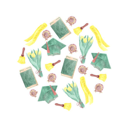 Circle of watercolor illustrations on the school theme of graduation, graduationの写真素材