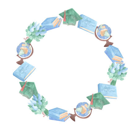 Round frame for graduation, the last party, from watercolor illustrations of school attributes in blue and greenの写真素材