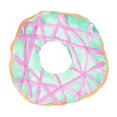 Donut top view with turquoise and pink glaze watercolor illustrationの写真素材