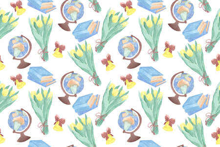 Watercolor illustrations folded in a seamless pattern on the theme of graduation, last call, school, collegeの写真素材