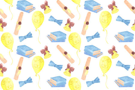 Seamless pattern with graduation attributes, watercolor illustration stack of books, butterfly, balloons, bell, graduation certificate, yellow, brown and blue colorの写真素材