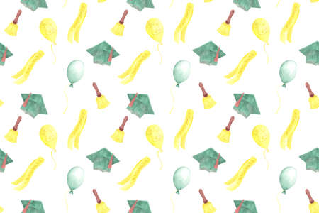 Seamless pattern with graduation attributes, watercolor and illustration, graduation cap, graduation ribbon, balloons, bell, yellow and green colorの写真素材
