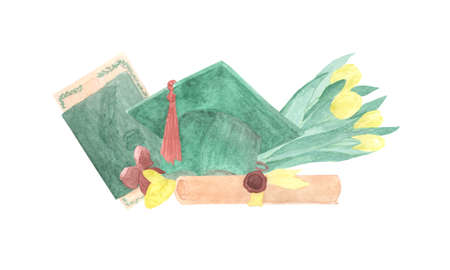 Watercolor illustration on the theme of graduation, diploma, graduation cap, bouquet of tulips, diploma, bellの写真素材
