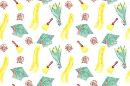 seamless pattern for graduation party, watercolor illustration graduate ribbon, distinguished service medal, bouquet of tulips, bell, graduate cap green, brown and yellow coloの写真素材