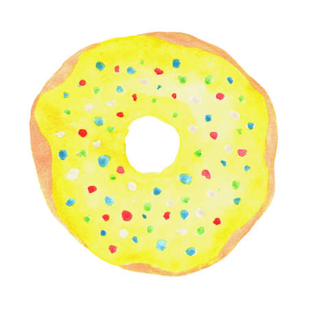 Donut top view with yellow icing and multicolored round sprinkles watercolor illustrationの写真素材
