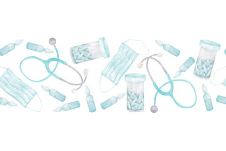 Medical-themed border strip with pills, phonendoscope, face mask and ampoulesの写真素材
