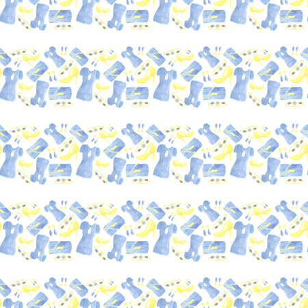 Seamless pattern with womens wardrobe items in blue color watercolor techniqueの写真素材