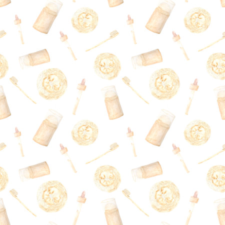 Seamless Beige color pattern with watercolor drawings of body care productsの写真素材