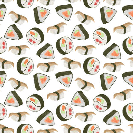 Sushi and rolls seamless pattern on white background Japanese food caviar, eel, rice, black, brownの写真素材