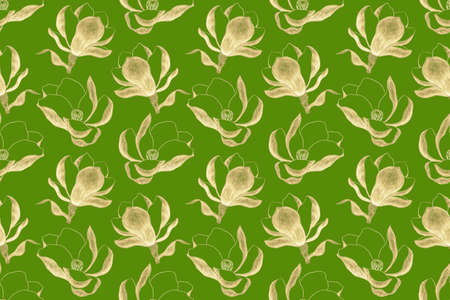 Bright, juicy, seamless pattern on light green background, gold illustrations of magnolia flowerの写真素材