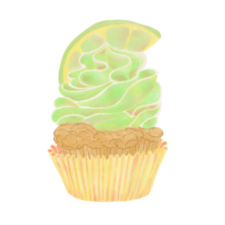 Delicate illustration, cupcake with green cream and lime chocolate color watercolor textureの写真素材