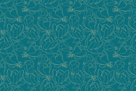 Beautiful seamless pattern of golden magnolia flowers on a dark green backgroundの写真素材