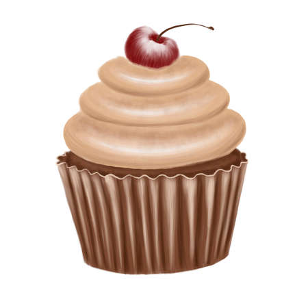 Illustration of a chocolate cupcake with caramel cream and sprinkles decorated with cherriesの写真素材