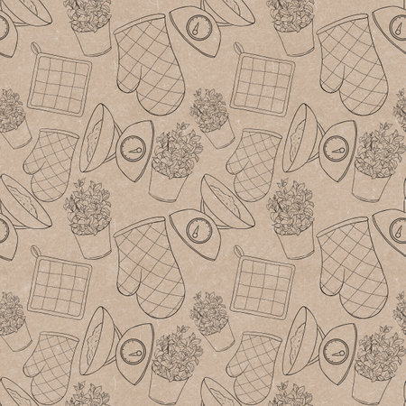 Craft pattern of contour illustrations of kitchen utensils_ mint, scales, potholdersの写真素材