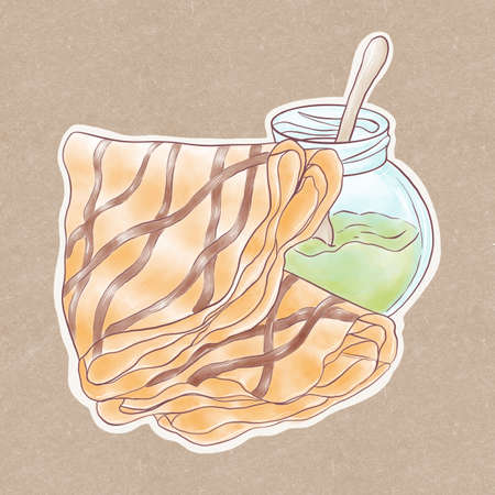 Illustration of a pancake with chocolate sauce, a jar of jam, a sticker for the kitchen on a craft backgroundの写真素材