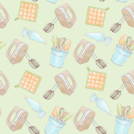 Patterns of confectionery accessories, a mixer, a pastry bag, a bucket with a broom and spatulas, an orange pot holder on a delicate light green backgroundの写真素材