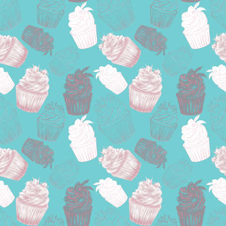 Outline illustrations of cupcakes with hatching on a white background - the overall pattern is...