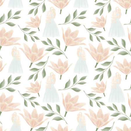 Delicate romantic seamless pattern in pastel colors on a white background with illustrations of a wedding couple a lily flower and a twig with green leavesの写真素材
