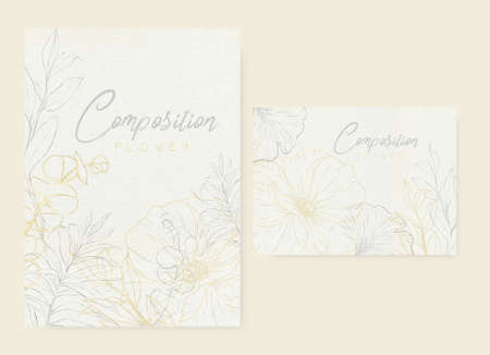 Contour sketches of plants with a golden outline frame template for printingの写真素材