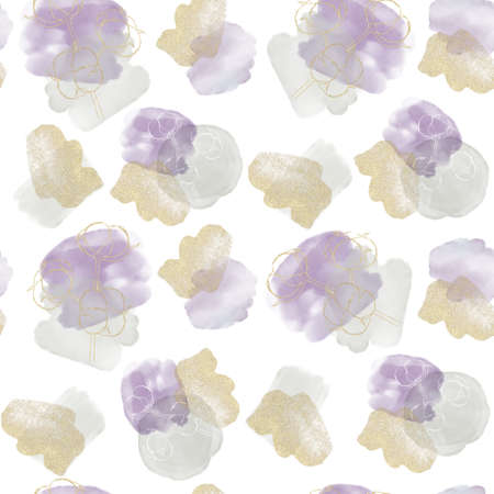 Watercolor abstract pattern with spots, purple gray, strokes of gold sequins and a contour pattern of cotton twigsの写真素材