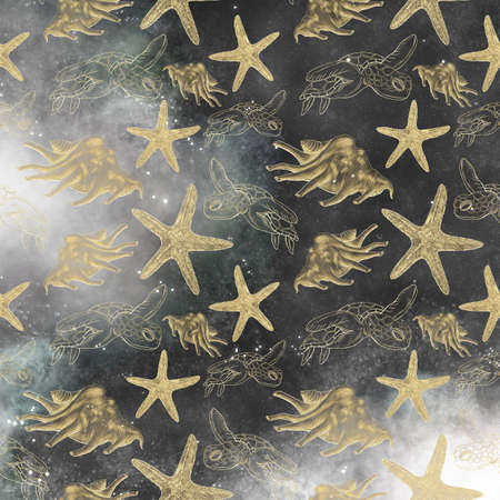 Seamless pattern of gold forged contour illustrations on the sea theme turtle shell stars on the...