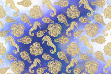 Space pattern with gold, hatched illustrations of seahorse, shells and corals on the background of spaceの写真素材