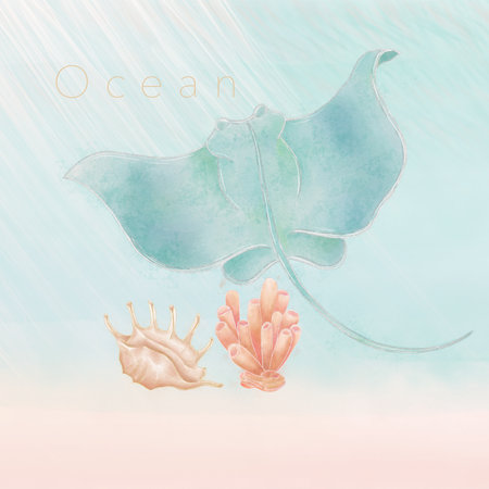 Composition of illustrations on the theme of the ocean, shell, coral, sea stingray, on the...