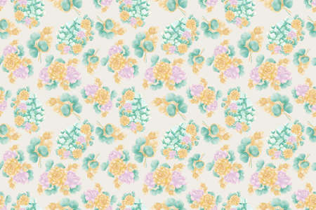 Decorative, bright seamless pattern of illustrations of flowers of succulents, twigs, leaves of...