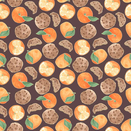 Seamless pattern of watercolor illustrations of mandarin and cookies on a dark background for the...