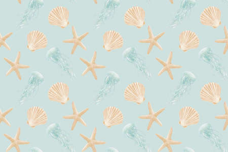 Seamless decorative pattern on a marine theme with illustrations of a jellyfish, a shell and a...