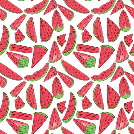 Bright, juicy, seamless pattern of watermelon slices on a white backgroundの写真素材