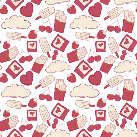 Seamless pattern of simple illustrations of sweets on a white backgroundの写真素材