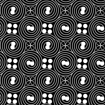 Seamless fashionable pattern of tribal african ornament consisting of swirls and dots. In black and white colors. Graphical hand drawn background. Vector illustrationのイラスト素材