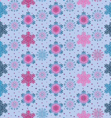 Christmas vector illustration. Seamless pattern with snowflakes, stars, little hearts on light blue background.のイラスト素材