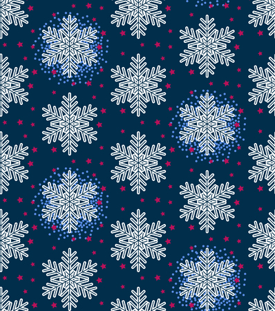 Christmas vector illustration. Seamless pattern with snowflakes, stars on dark blue background.のイラスト素材