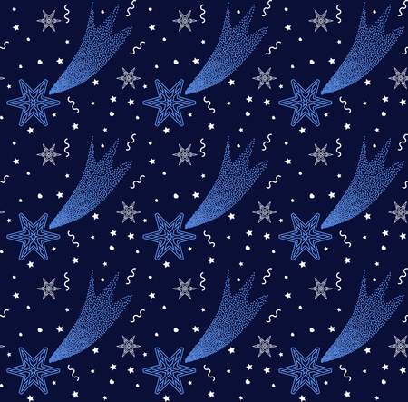 Christmas vector illustration. Seamless pattern with snowflakes, stars on dark blue background.のイラスト素材