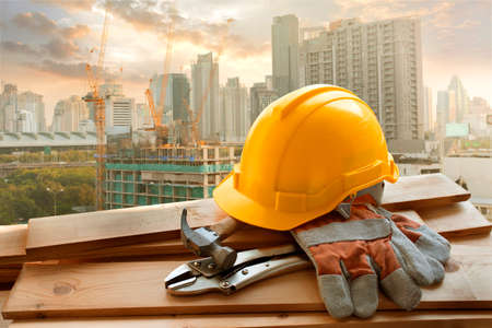 Helmet placed on the tool after workの写真素材