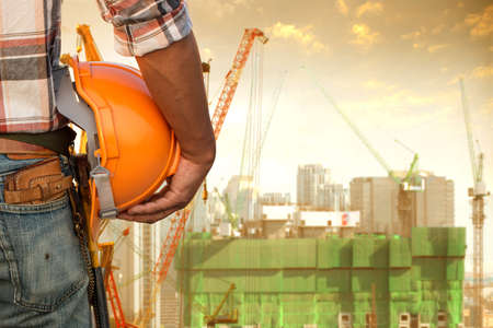 Construction worker checking location work siteの写真素材