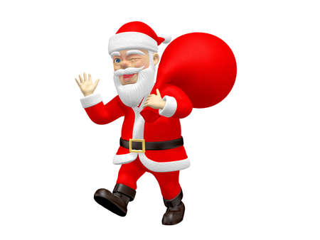 Santa Claus with a white beard in a red dress with a white background carries a gift bag to give to the children on Christmas night.3d illustration.の写真素材