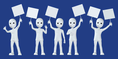 A man in a blue suit stands with a white banner. and raised his hand with a thumbs up. Tell about the story at the auction.3dの写真素材