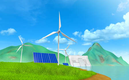 Energy saving Use natural energy, love the planet, protect the environment. Dam power, wind turbines, solar cells, light bulbs.3dの写真素材