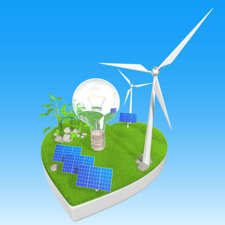 Energy saving Use natural energy, love the planet, protect the environment. Dam power, wind turbines, solar cells, light bulbs.3dの写真素材