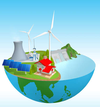 Energy saving Use natural energy, love the planet, protect the environment. Dam power, wind turbines, solar cells, light bulbs.3dの写真素材