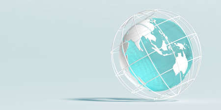 An orb with a cage around it, to protect it, placed on the green grass outdoors. globe, siege, protect, green grass, outdoor.3d illustrationの写真素材